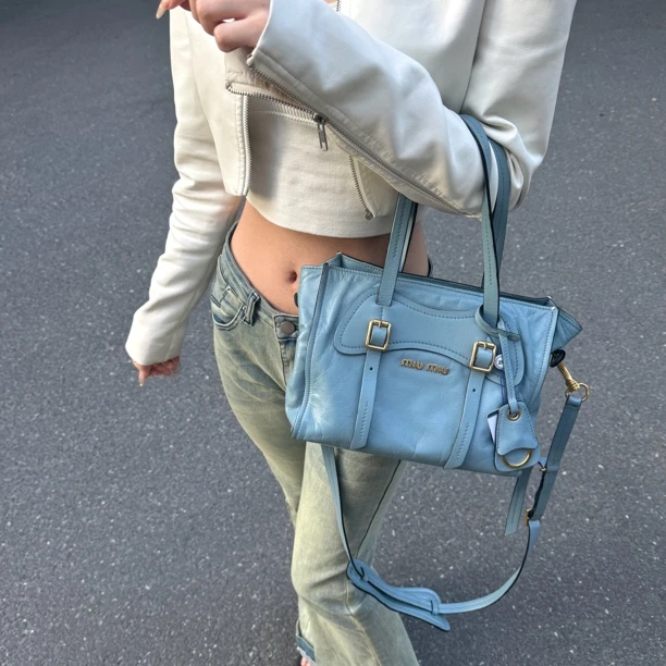 95新 MIU MIU/缪缪 MIUMIU baby蓝金扣手提包单肩包