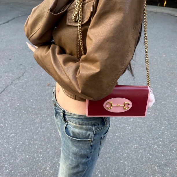 95新 GUCCI/古驰 GUCCI拼色1955系列马衔扣斜挎包复古红色斜跨