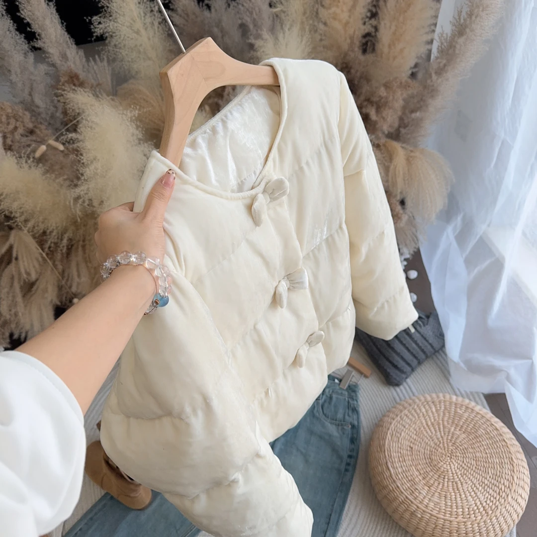 丝绒无领羽绒服女洋气白色保暖秋冬韩版气质