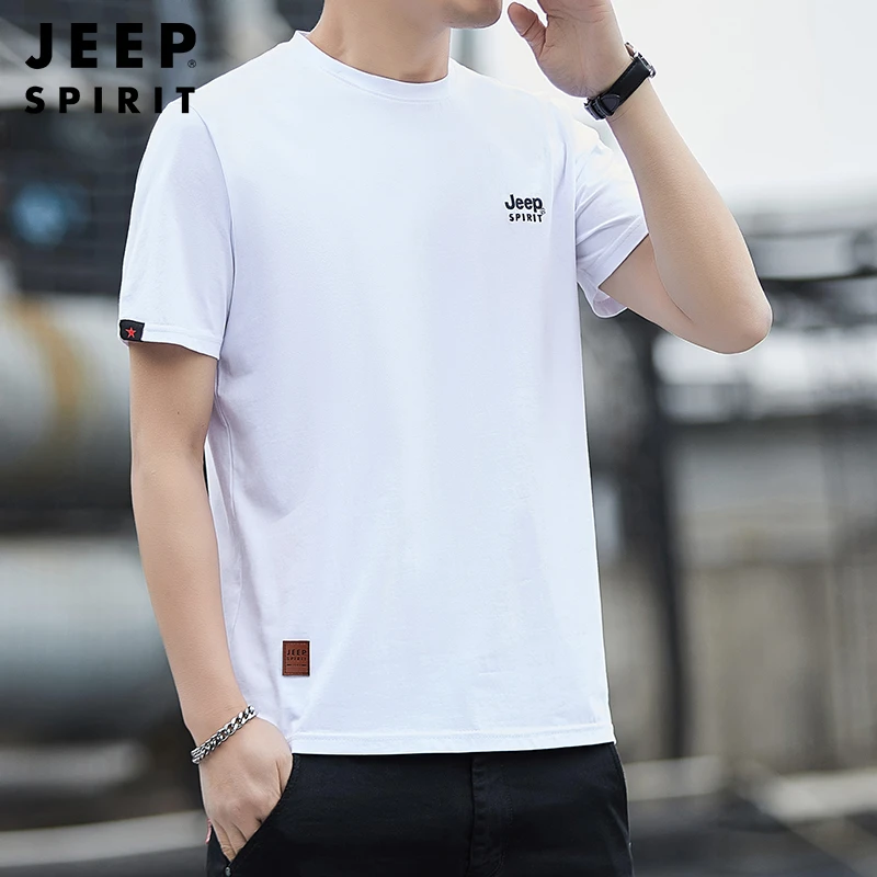 JEEP吉普夏季男士爸爸潮流短袖T恤百搭宽松纯色圆领上装衣服
