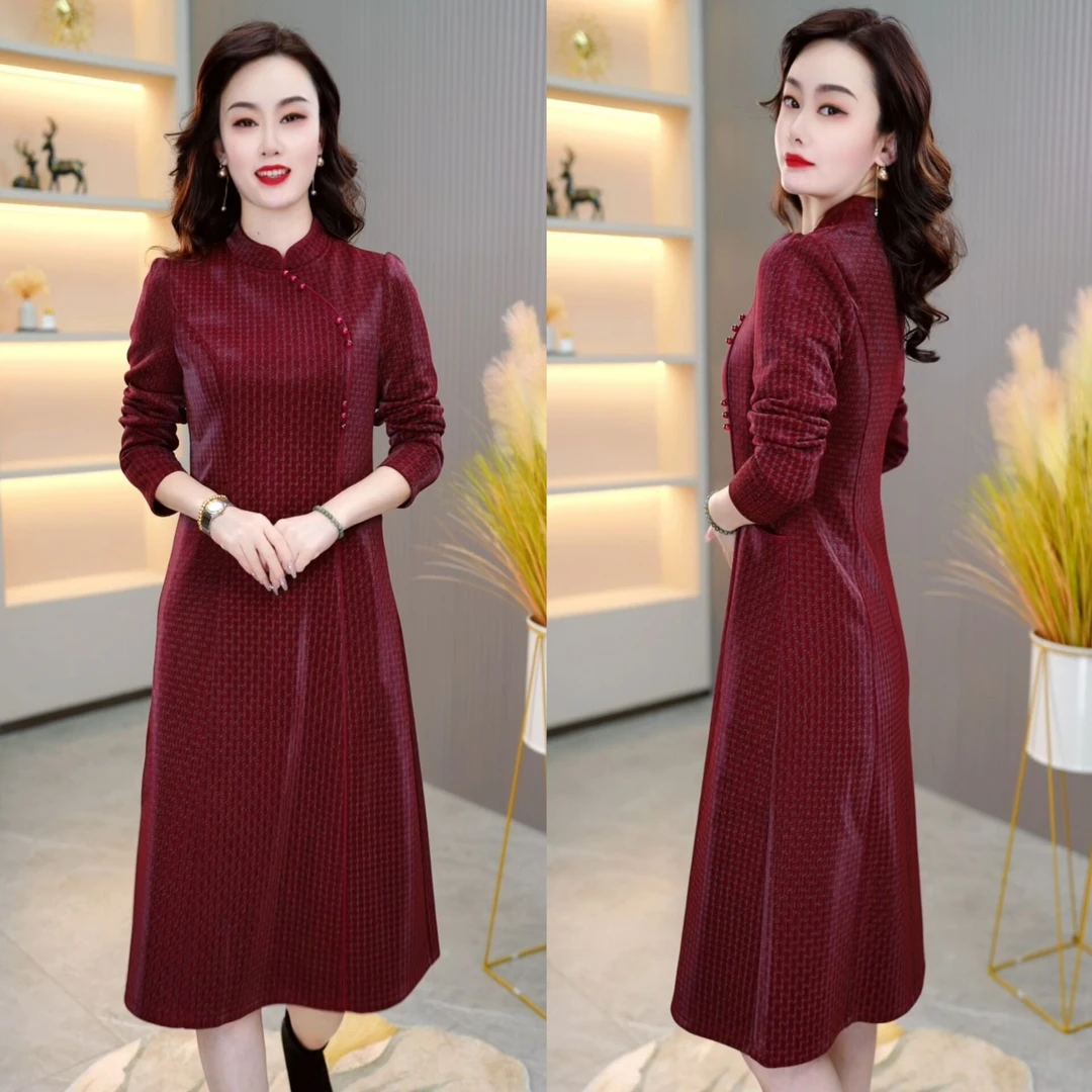 2023秋冬加厚新款时尚显瘦收腰洋气长袖复古气质修身连衣裙M-5XL