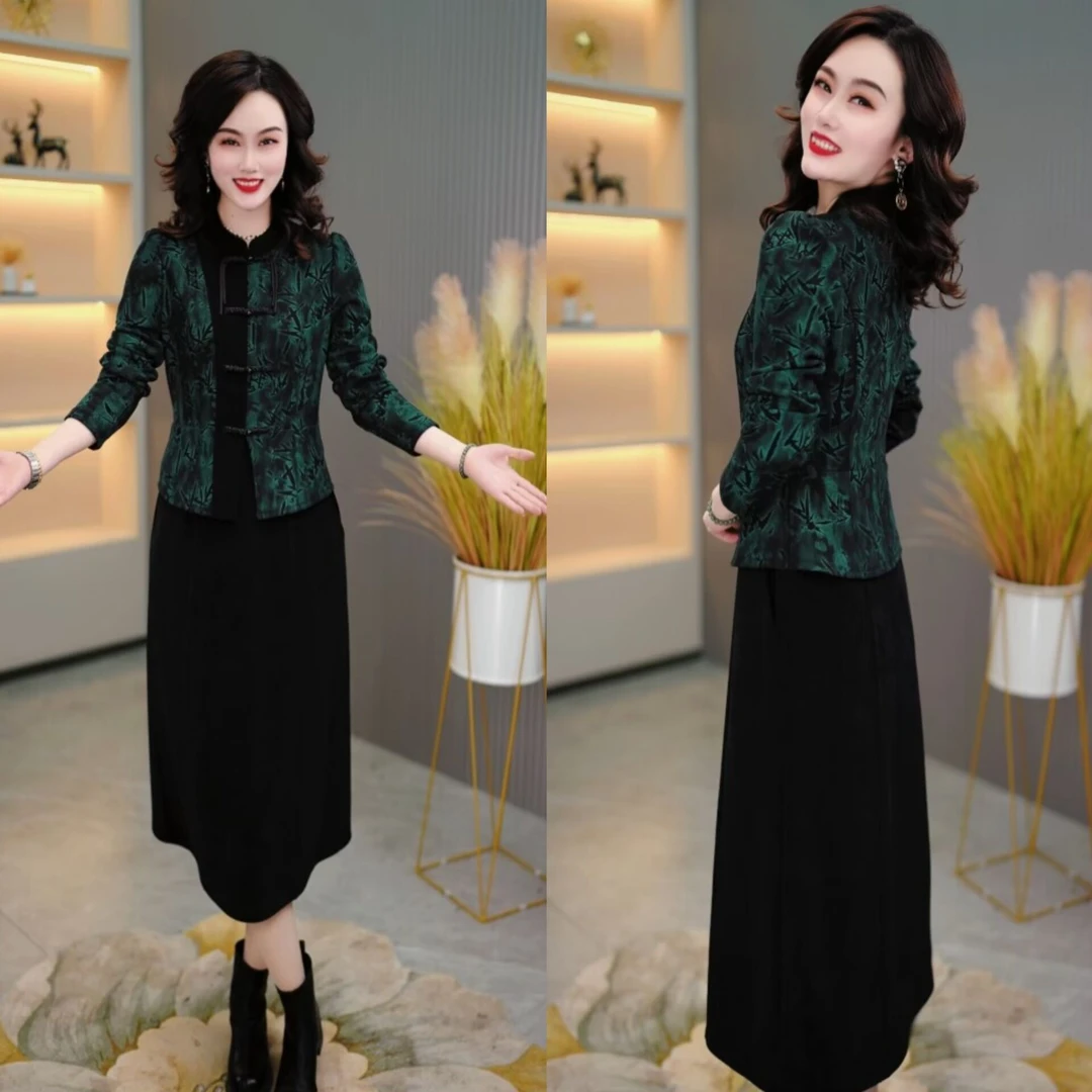 2024春季新款修身显瘦气质妈妈装复古长袖假两件连衣裙M-5XL