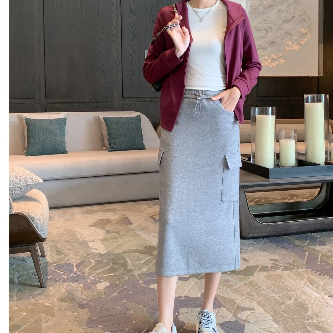 春秋新款棉卫衣半身裙两件套女纯色连帽卫衣A字裙开叉大码显瘦