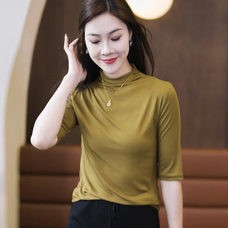 半高领打底衫女七分袖春夏2025新款中领内搭中袖上衣薄夏季半袖