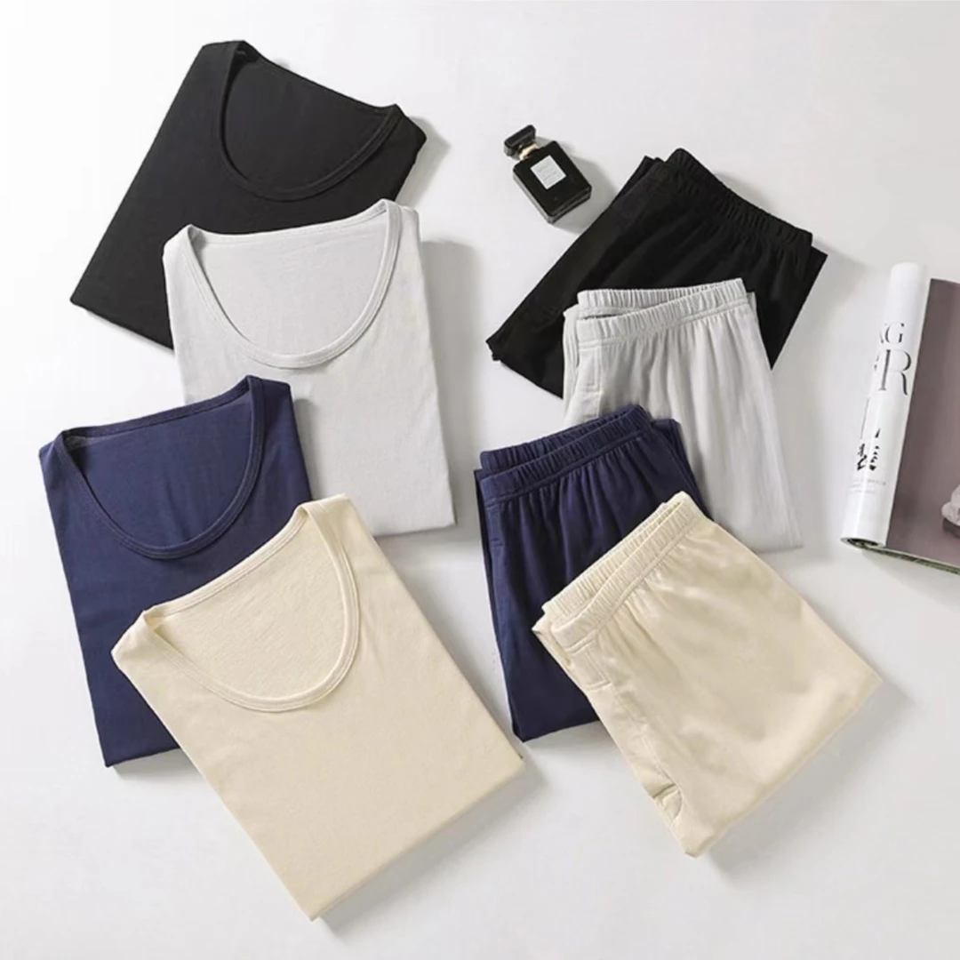 2024桑蚕丝加棉 男士圆领内衣套装 真丝棉毛裤睡衣保暖套装秋衣裤