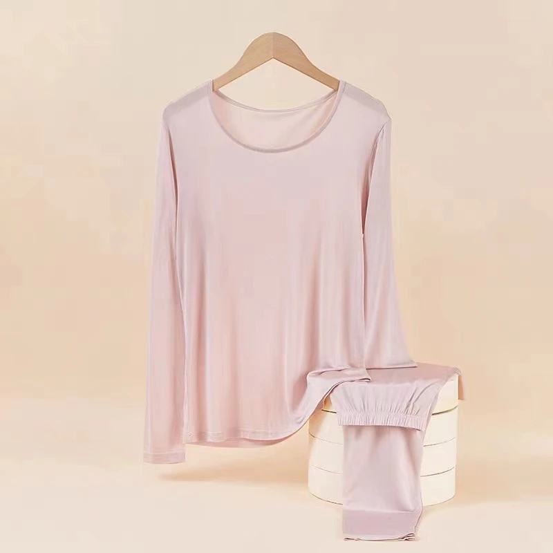 6A级 100%桑蚕丝女士保暖内衣打底舒适睡衣 真丝圆领秋衣秋裤套装