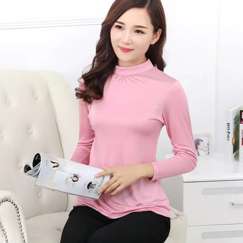 新款桑蚕丝春秋女装高领波浪领长袖T恤 真丝套头针织衫上衣打底衫