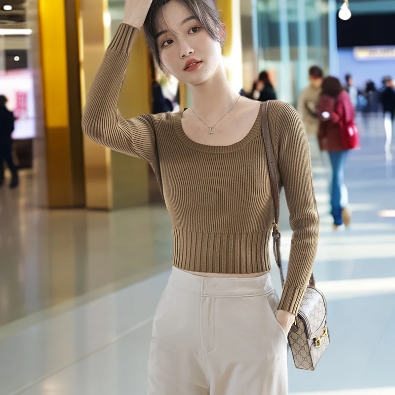 短款方领针织衫女2024早秋新款收腰修身内搭打底毛衣纯色长袖上衣