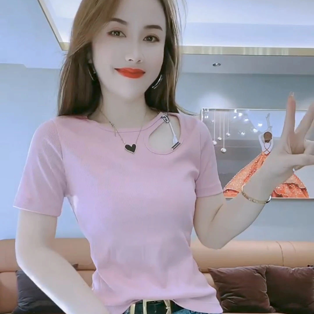 女士镂空T恤夏季修身显瘦设计时尚百搭上衣短袖打底大码女装短袖t