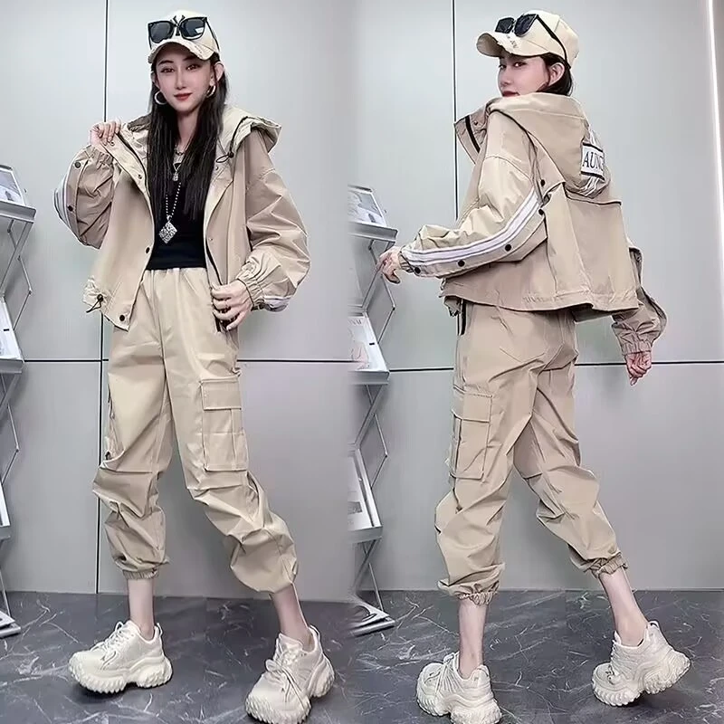 欧货显瘦休闲工装套装女春秋新款时尚长袖连帽外套束脚裤两件套潮