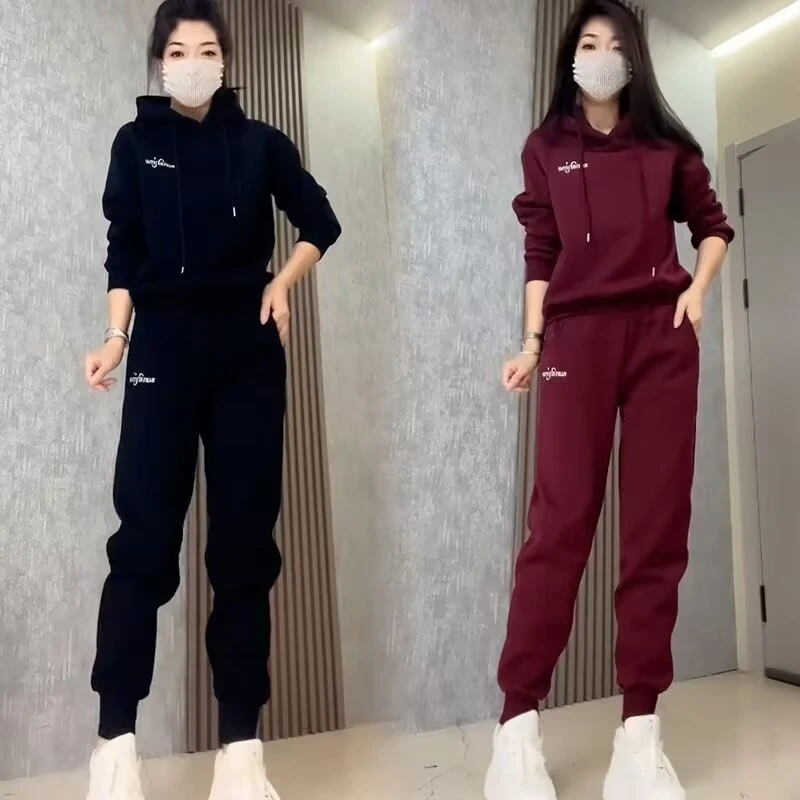 时尚休闲运动套装女秋冬新款宽松百搭加绒连帽卫衣休闲裤子两件套
