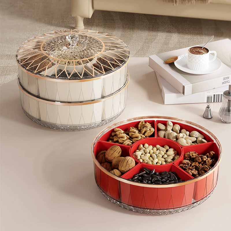 西邮哥【新疆包邮】旋转果盘糖果盒茶几干果零食摆放盘分格带盖密封