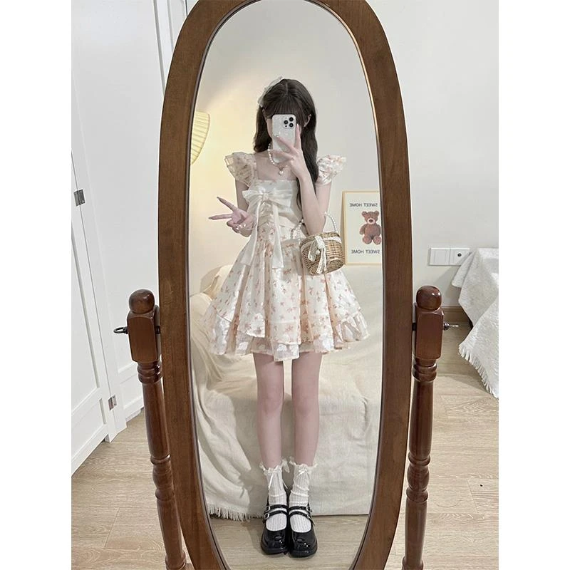甜美小飞袖蝴蝶结碎花裙女夏季法式在逃公主裙初恋收腰蓬蓬连衣裙