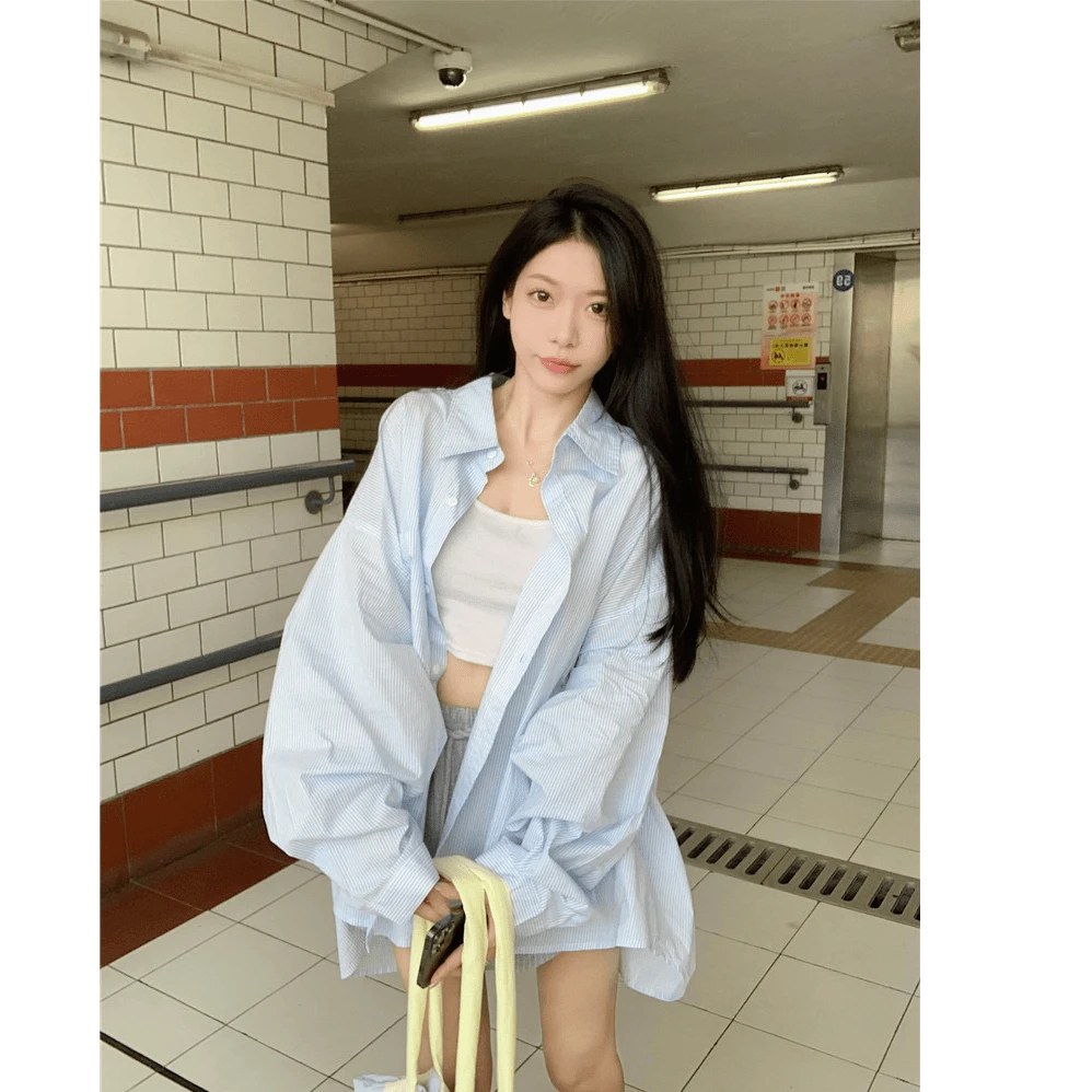 2025春季新款韩系甜美衬衫外套女设计感宽松超大版型防晒长袖衬衣