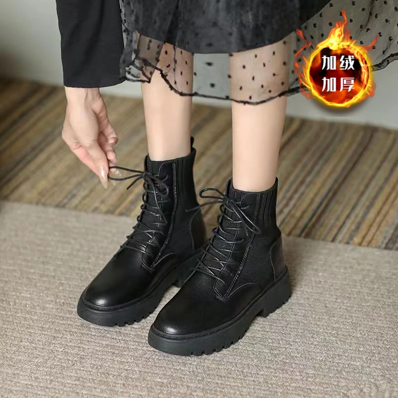 Ou Shi Yuan/欧诗媛女鞋冬季加绒英伦风系带短靴袜子靴9808M