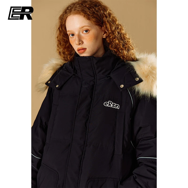 ER反光条中长款羽绒服男2024冬季潮牌保暖过膝90白鸭绒连帽外套