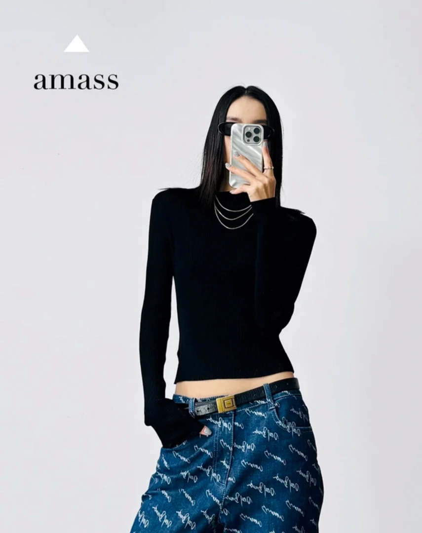 AMASS/阿玛施显瘦气质时尚百搭圆领套头修身长袖针织衫5399686