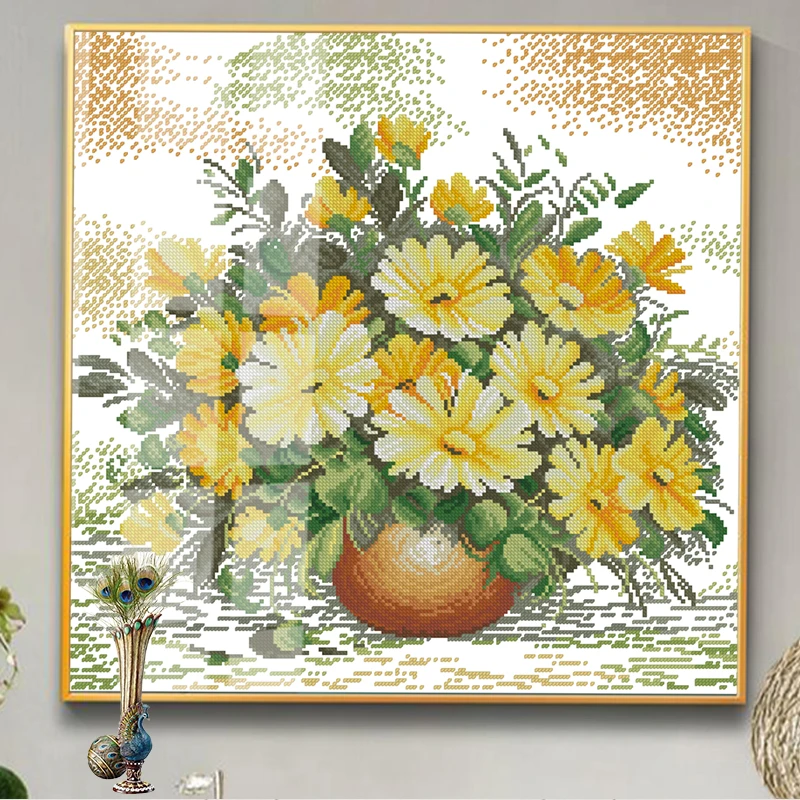 欧美兰向日葵花瓶十字绣手工刺绣客厅餐厅装饰画家用花瓶线绣