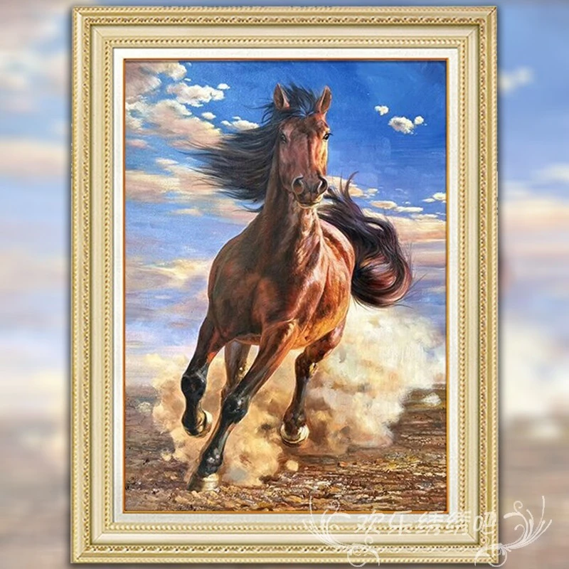 欧美兰马到成功刺绣十字绣新款客厅奔腾骏马图满绣书房现代风