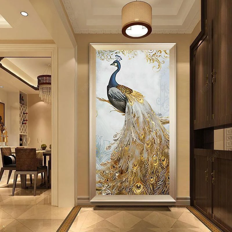 孔雀印花十字绣线绣新款满绣客厅玄关竖版7d刺绣小幅简约现代自绣