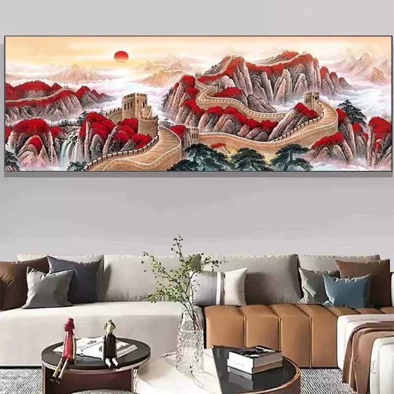 新款万里长城客厅大格十字绣风景鸿运当头山水画大幅中式手工刺绣