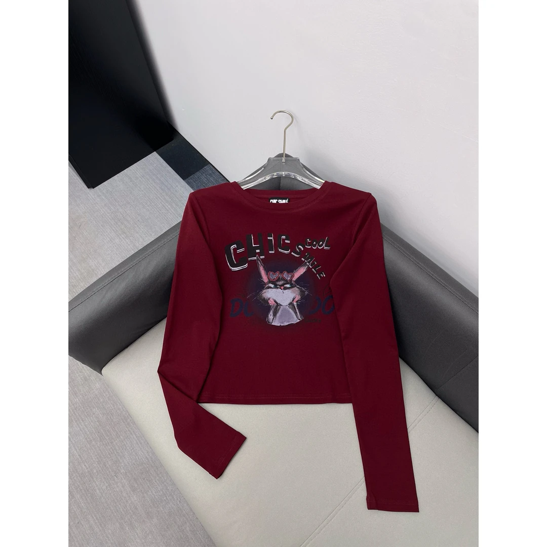 （南油娜姐）2024秋冬新款：字母印花卡通图案显瘦修身长袖T恤