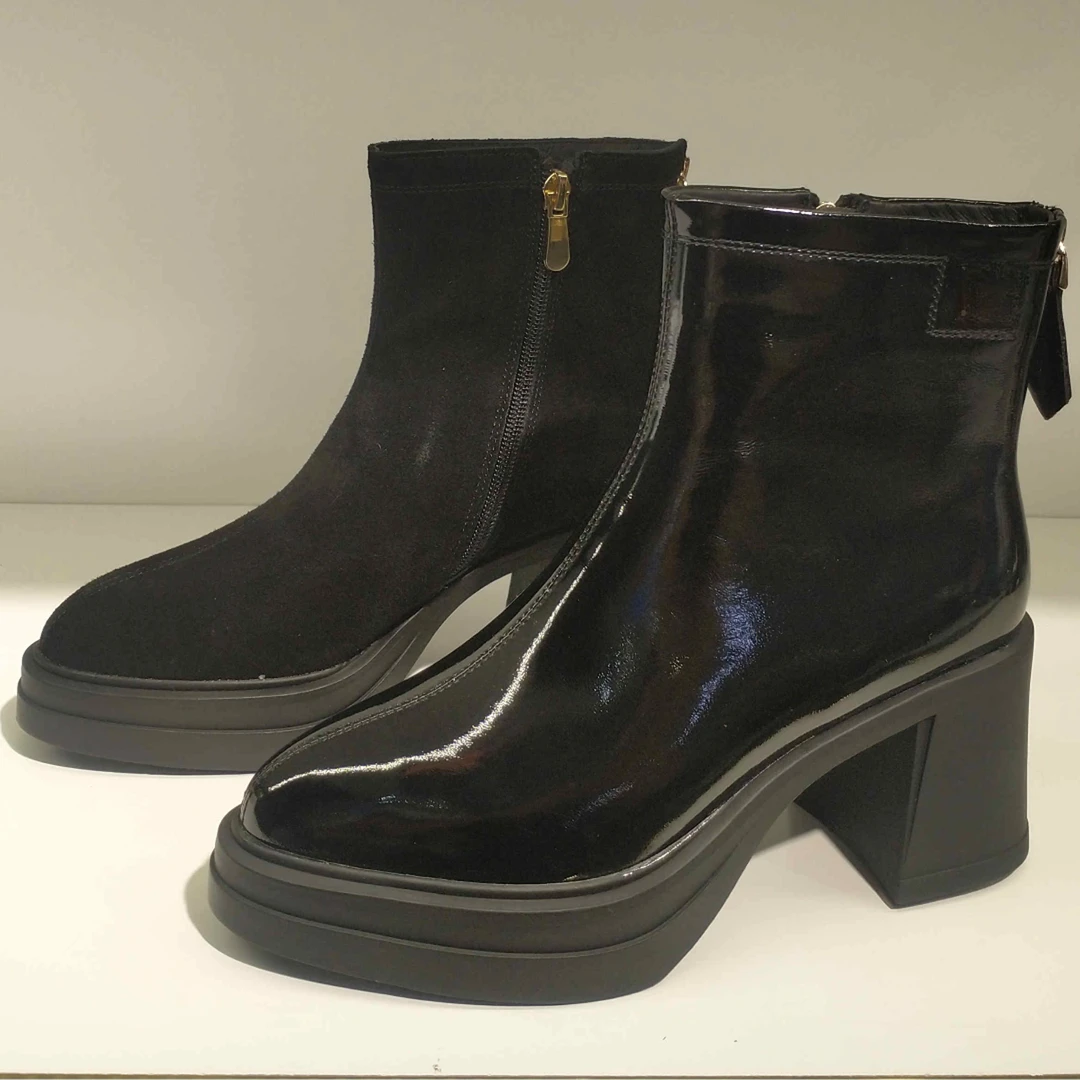 39138658黑漆皮中跟靴（棉）时尚百搭真皮加绒粗跟秋冬女士