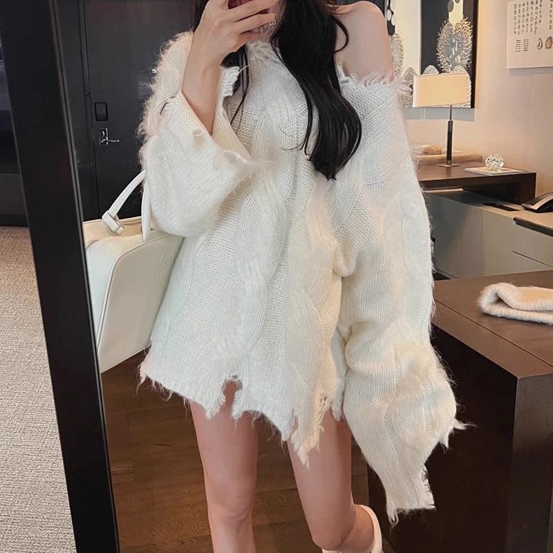 下摆破洞麻花毛衣女2023秋冬新款宽松外穿针织衫上衣