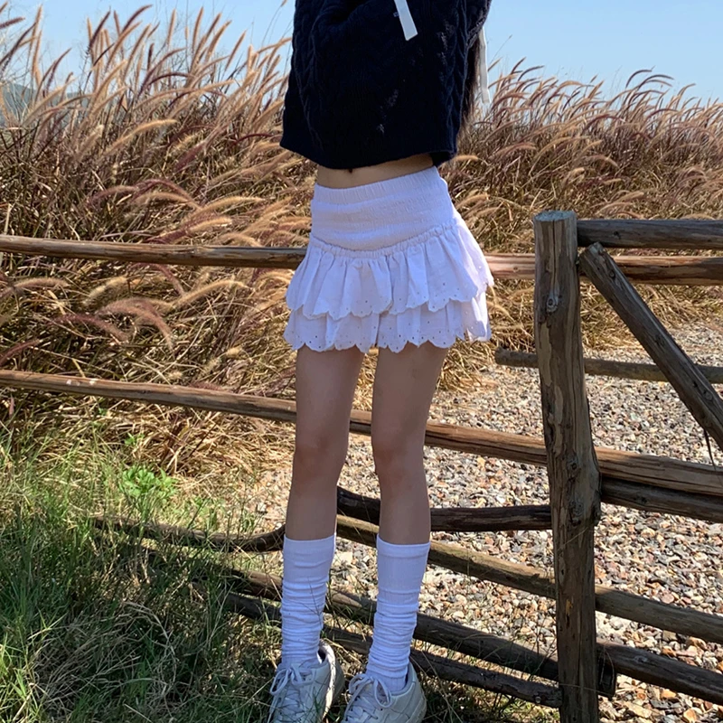 绣花双层白色小短裙高腰半身裙女a字百褶芭蕾舞风裙子短款显瘦