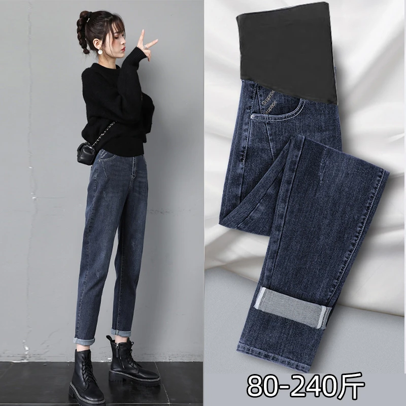 加肥加大码孕妇老爹裤秋冬款时尚外穿托腹长裤子牛仔女显瘦200斤