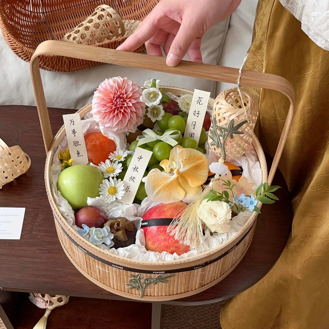 中秋花篮月饼礼盒竹编手提篮中秋节糕点竹篮子插花鲜花