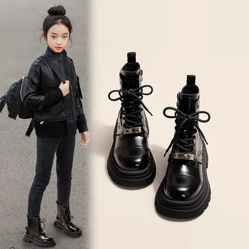 女童马丁靴子2024新款秋冬款黑色加绒轻便中大童短靴秋季儿童皮靴