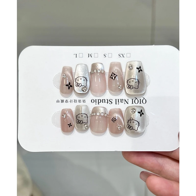 黑色Kitty猫-纯手工美甲 可重复穿戴 ins风 甜美 钻钻