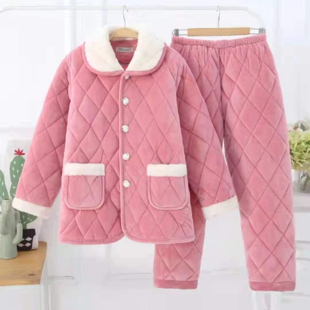 秋冬睡衣女三层加绒加厚夹棉法兰绒时尚毛领刺绣家居服套装加大码