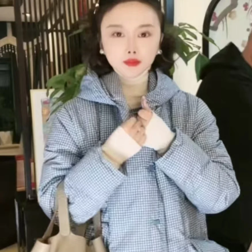 月月  千鸟格连帽长款棉衣棉服格子外套女2024冬季新款