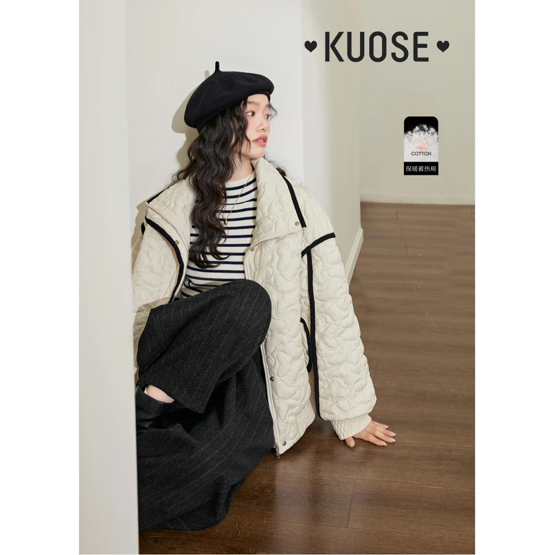 阔色白色假两件棉服外套女2024秋冬季新款翻领保暖棉衣KSC2309003