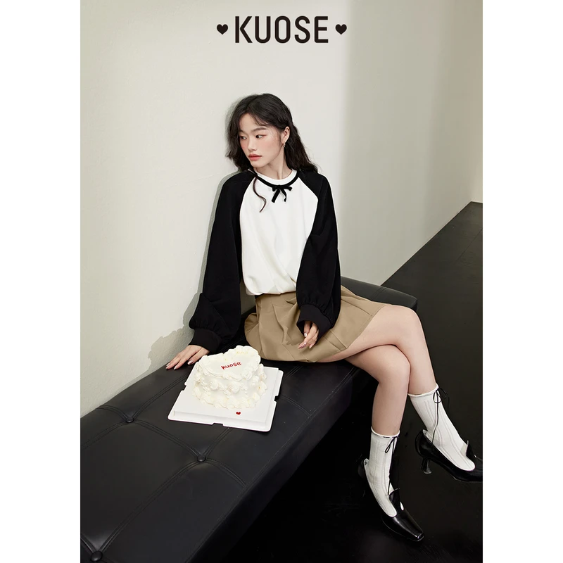 【奥利奥甜心】阔色撞色插肩袖卫衣女2024秋季蝴蝶结上衣KSW2308007