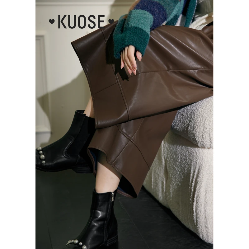 阔色咖棕色阔腿皮裤女2024冬美拉德穿搭中裤宽松七分裤KSF2311002