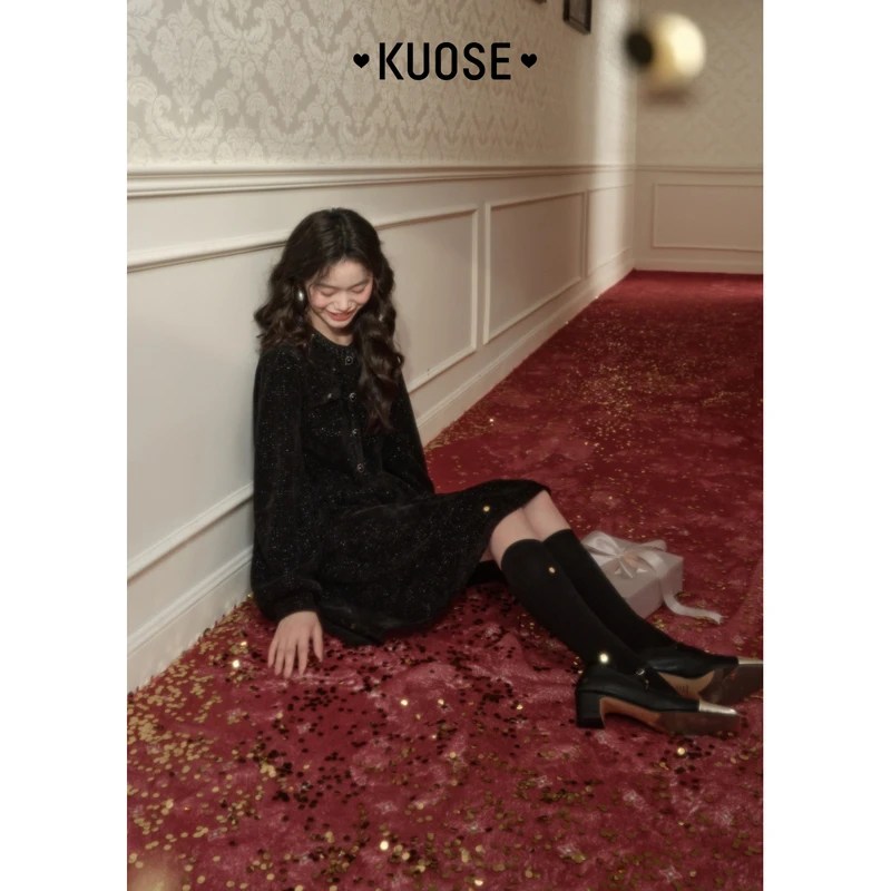 阔色赫本风收腰长袖连衣裙女2025春季新款圣诞短裙子KSB2412002