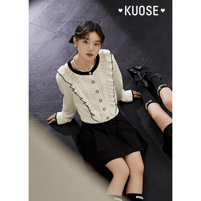 【秋日恋歌】阔色白色小香风毛衣女2023秋季荷叶边针织衫KSH2307035