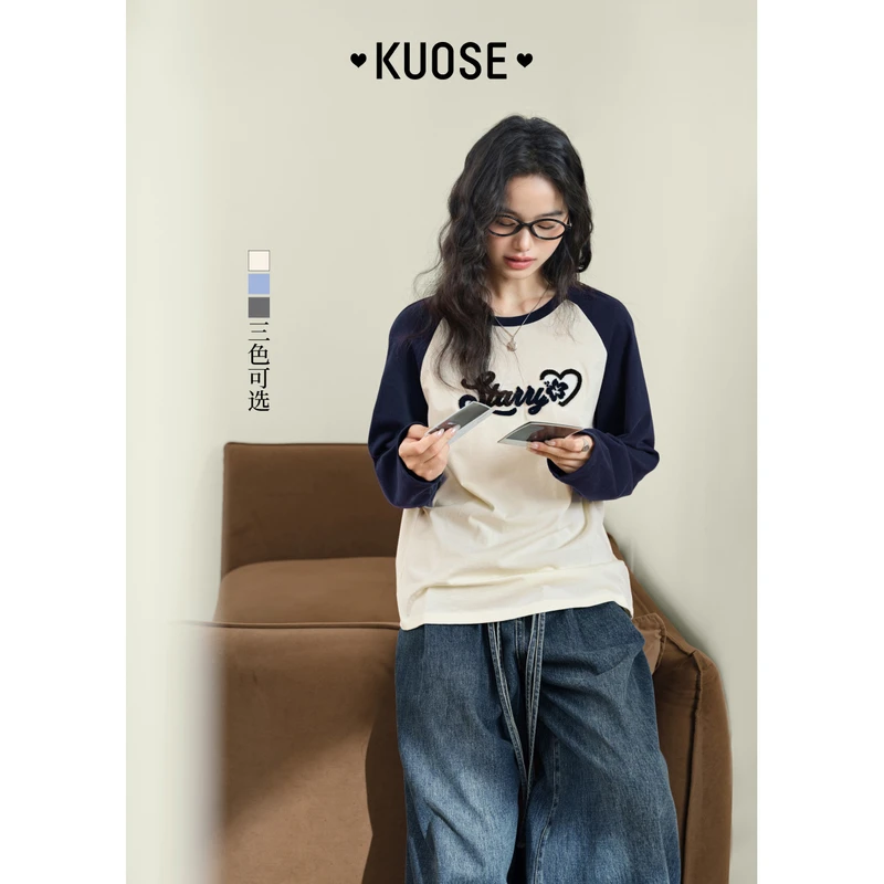 阔色长袖薄款T恤立体刺绣2024秋季新款女打底衫上衣KSD2407007