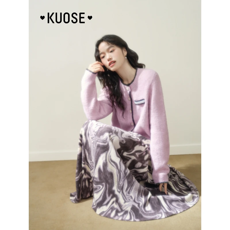 阔色假两件小香风针织衫开衫外套2024秋新款女短款毛衣KSH2409032