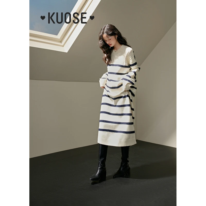 阔色麻花蓝白条纹针织裙女2024秋冬通勤休闲长袖连衣裙KSB2310008