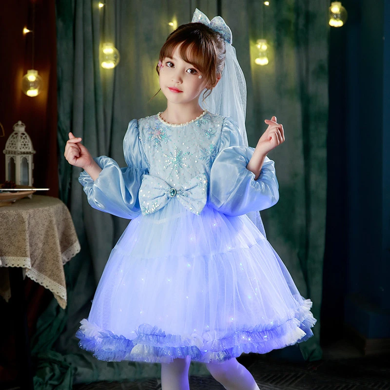 冰雪奇缘发光爱莎公主裙子女童连衣春秋新款爱沙生日礼服女童