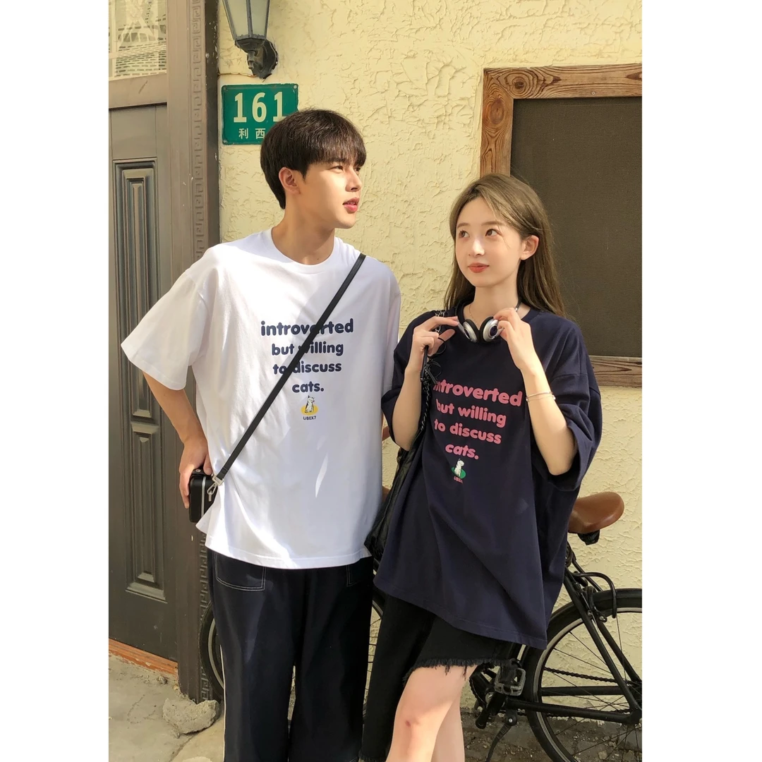 UBEX7【三金七七】春夏撞色印花T恤女宽松休闲原创热恋情侣装出游