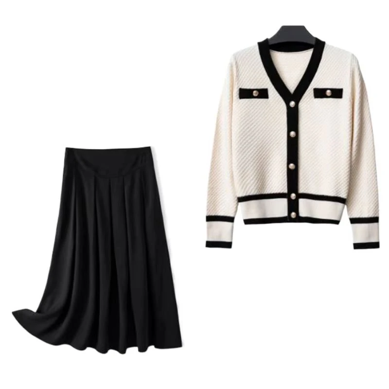 女款气质服装秋冬款小香风两件套V领提花显瘦半身裙时尚毛织套装