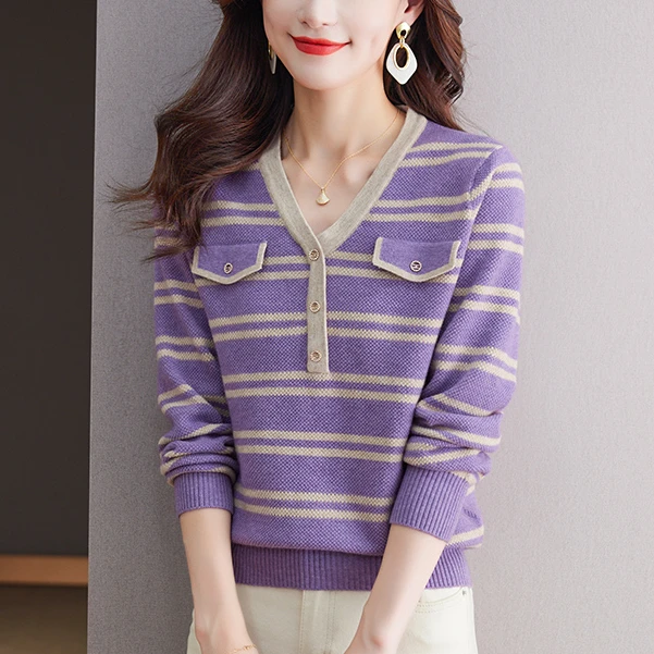 秋冬条纹毛衣女2024新款宽松V领套头减龄套头针织衫洋气显瘦上衣