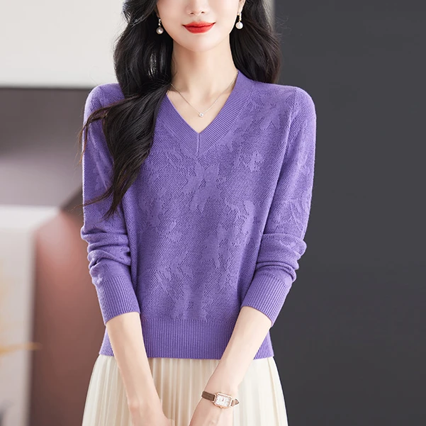 秋装针织短款V领宽松遮肚鸡心领秋冬毛衣女中年妈妈百搭打底上衣