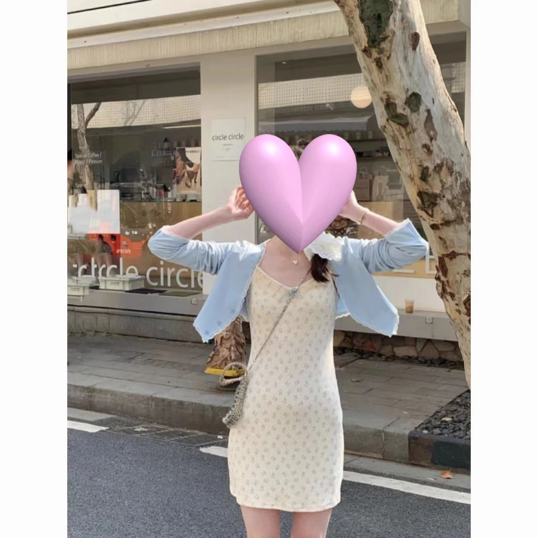 小熊印花吊带连衣裙女夏季裙子法式蕾丝花边气质收腰显瘦A字长裙