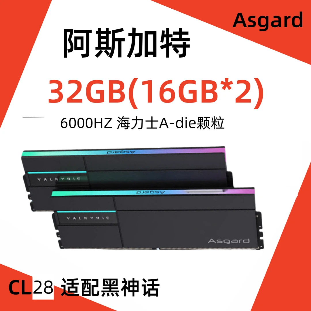 阿斯加特32GB 6000HZ (16Gx2)套条D5 CL28海力士A-die黑色内存条